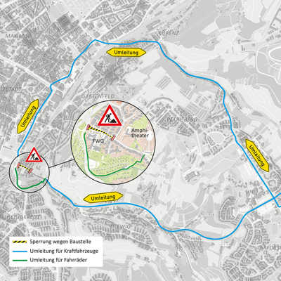 Verlauf der großräumigen Umleitung für Pkw und der Umfahrung für den Fahrradverkehr während der Bauarbeiten in der unteren Olewiger Straße.