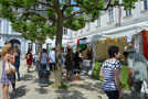 Vor mehreren Jahren zog das Internationale Fest vom Viehmarkt auf den Domfreihof um. Dieser Standort mit seinen schattenspendenden Platanen wird 2017 von den Besuchern erneut sehr gut angenommen. Sie können nach einem Besuch an einem Stand zwischen den Bäumen umherspazieren. Foto: Martin Seng