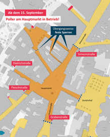 Mehrere Linien mit zum Teil versenkbaren Hochsicherheitspollern wurden an den Zufahrtsstraßen zum Hauptmarkt installiert und gehen im September 2025 in Betrieb. Kartenausschnitt der Innenstadt von Trier mit Standorten von Pollerlinien