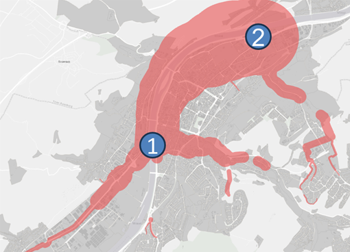 Potenzielle Standorte für Wärmetauscher zur Nutzung von Abwassewärme.
