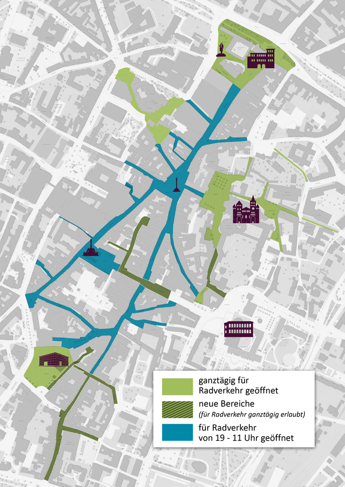 In den Randbereichen der Fußgängerzone (grün), darunter auch alle neu hinzugekommenen Straßen, ist Fahrradverkehr ganztags erlaubt, im Kern der Fußgängerzone (blau) nur von 19 bis 11 Uhr und mit Schrittgeschwindigkeit.