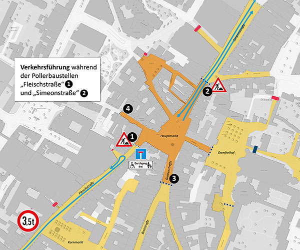 Die Karte zeigt die Verkehrsregelungen während der Bauphase der Pollere rund um den Hauptmarkt im Oktober und November 2024.