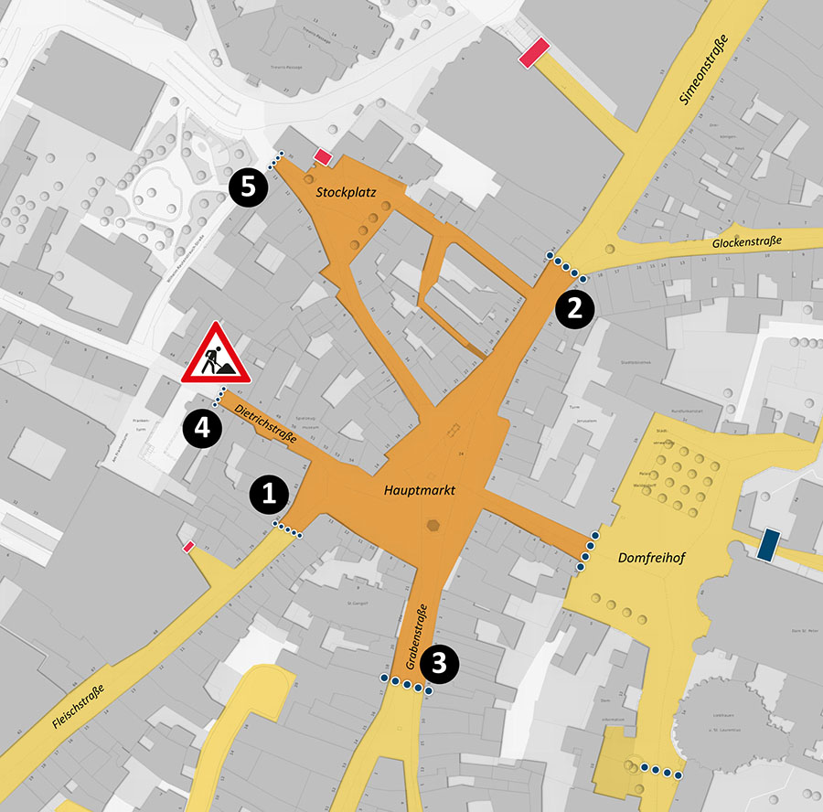 Die Karte zeigt die Verkehrsregelungen während der Bauphase der Pollere rund um den Hauptmarkt im Oktober und November 2024.