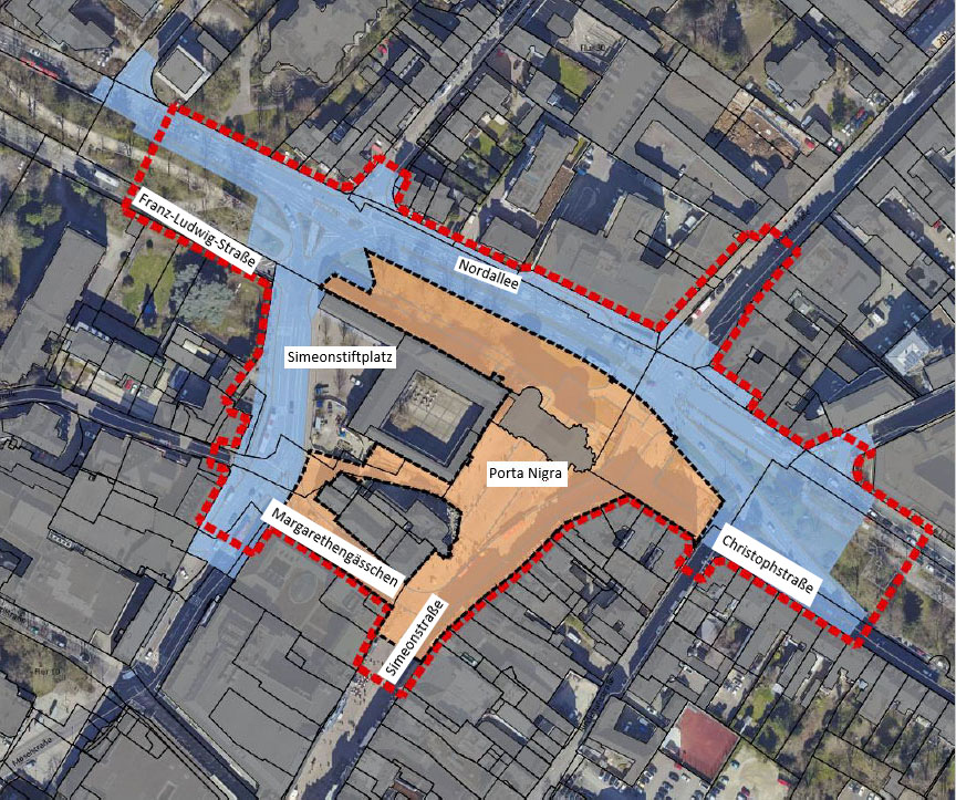 Abgrenzung der Flächen für die Verkehrsmaßnahmen und für die Platzgestaltung rund um die Porta Nigra.