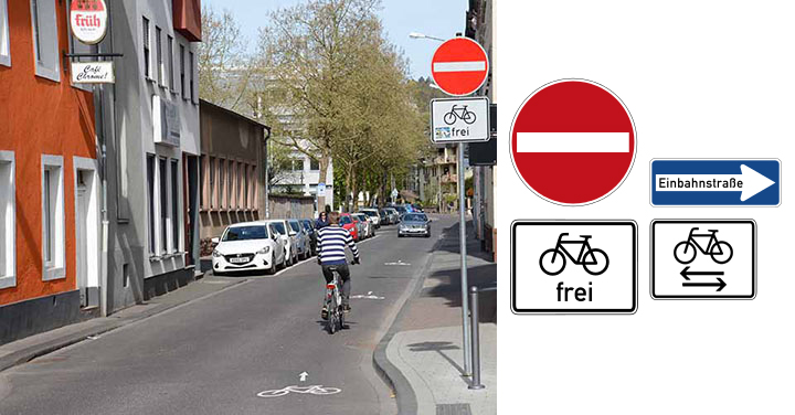 Geöffnete Einbahnstraße mit Piktogrammfolge (Deutschherrenstraße)