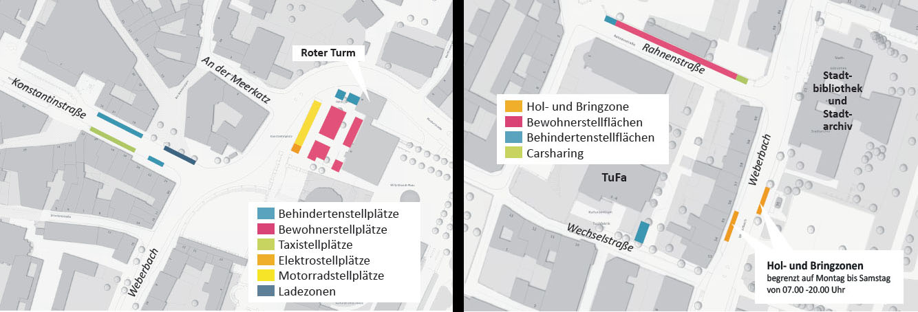 Die Karten zeigen die Neuverteilung der Parkstände für Bewohner, Behinderte, Taxis und Motorräder in den Bereichen Konstantinstraße und Roter Turm (links) sowie rund um die Tufa (rechts).